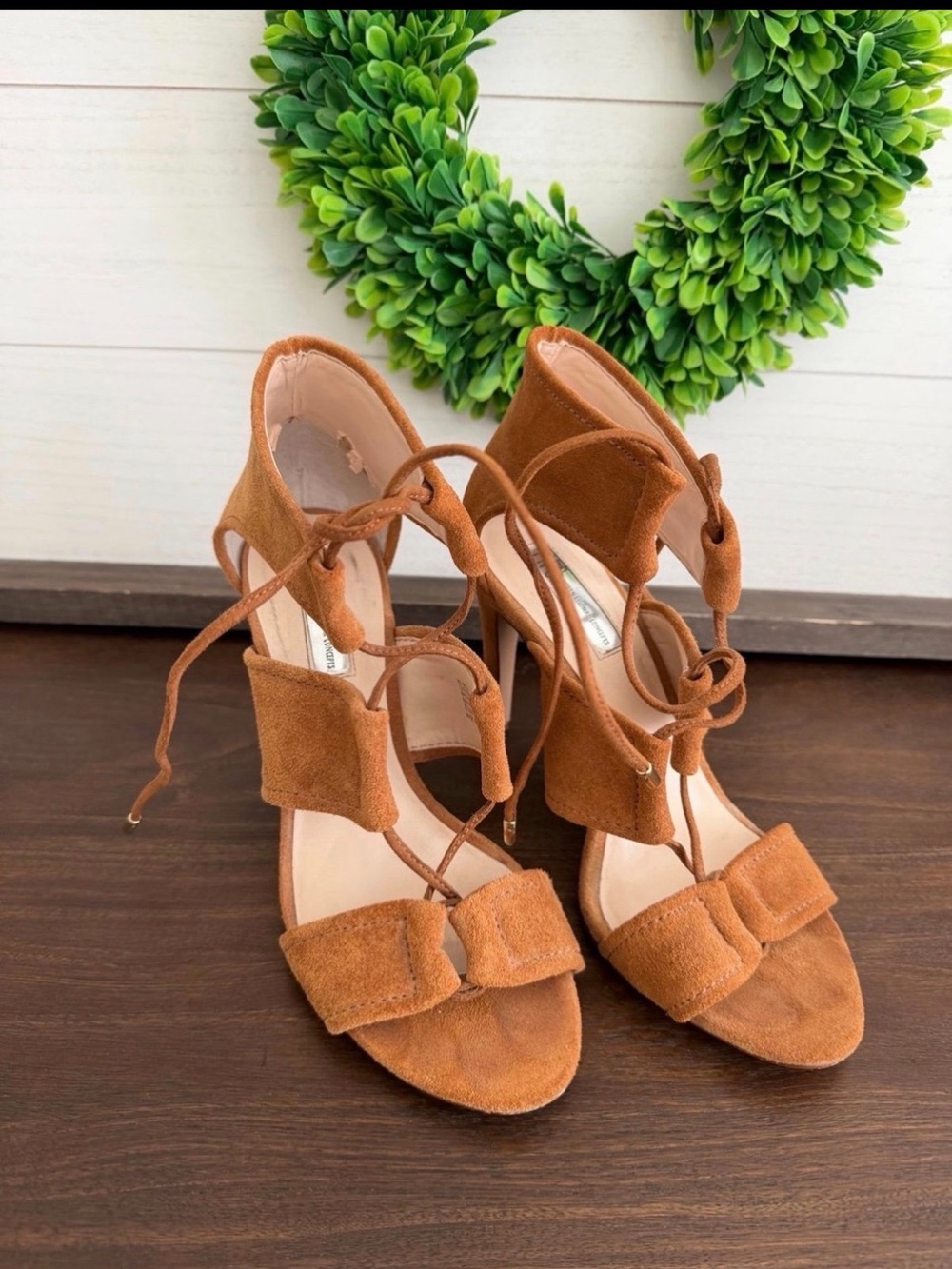 INC International Concepts Suede Lace-Up Heels in Cognac